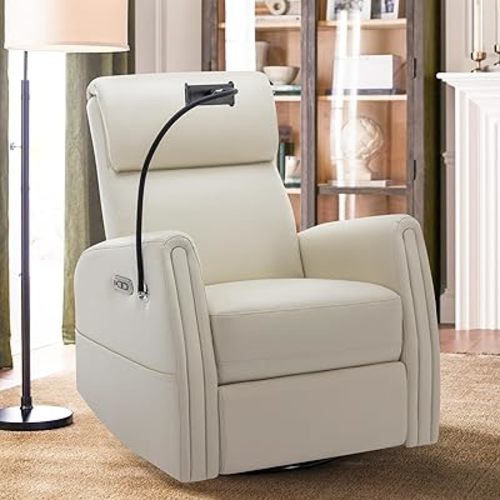 COLAMY Power Recliner Chair Swivel Glider, Upholstered Faux Leather Nursery Reclining Sofa Chair for Bedroom/Living Room/Reading Spaces, Beige