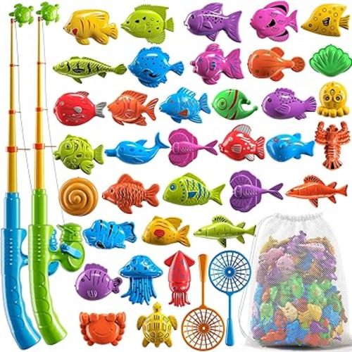 Magnetic Fishing Game Pool Toys for Kids 3-5, Water Table Bathtub Kiddie Party Toy with Pole Rod Net Plastic Floating Fish, Outdoor Toys for Boys Girls Kids Age 3 4 5 6 7 8 Year Old