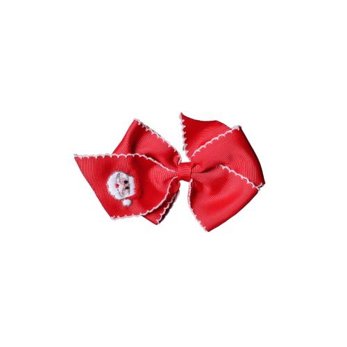 Embroidered Santa Scalloped Edge Grosgrain Bow Red/Pink