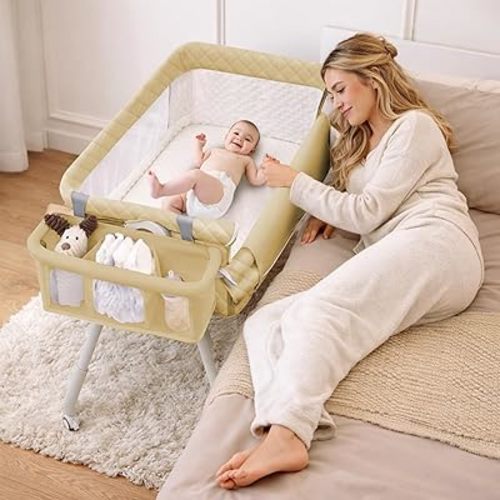 Baby Bassinet Bedside Crib for Newborn, 4-in-1 Baby Bassinet Bedside Sleeper with Mesh & Mattress, Easy Move Crib for Newborns with Lockable Wheels & Storage Basket, 4-Adjustable Height(Khaki)