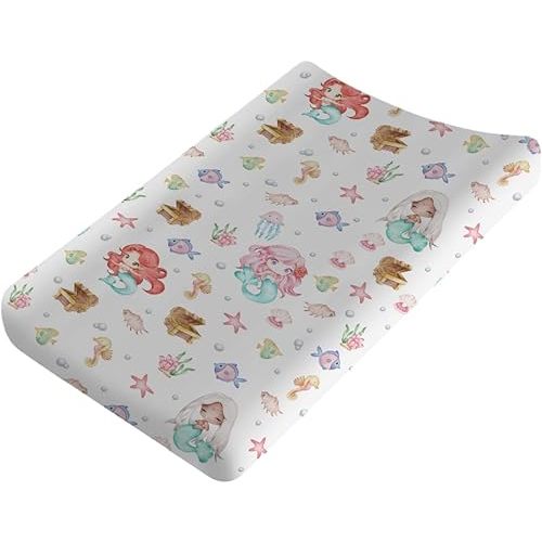 Watercolor Mermaids Changing Pad Covers Ocean Animals Fish Sea Horse Jellyfish Conch Coral Diaper Change Table Sheets for Boy Girl Soft Breathable Stretch Baby Change Table Pad Mats Covers 32''x16''