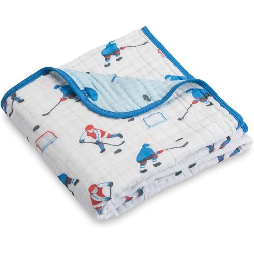 LollyBanks Muslin Blanket 100% Cotton, Muslin Quilt Lightweight, 6 Layers Baby Blankets 47"x 47", Muslin Blanket for Boys, Nursery Receiving Blankets Baby Essentials, Registry (Ice Hockey Print)