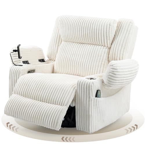SINCRUMI Power Oversized Swivel Rocker Recliner with Dual Motor Adjustable Headrest for Adults, Glider Rocking Chair with Vibration and Heat, USB A&C Ports, Armrest Storage, Cup Holder, Cream White