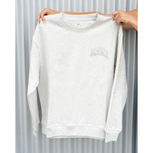 Pocket Placement  "MAMA" Drop Shoulder Crewneck - HEATHER GRAY