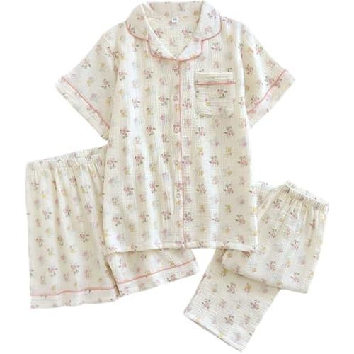 Womens Gauze Pajama Set Lounge Sets Short Sleeve Shirts 3 Piece Cute Floral Pj Set Sleepwear Loungewear