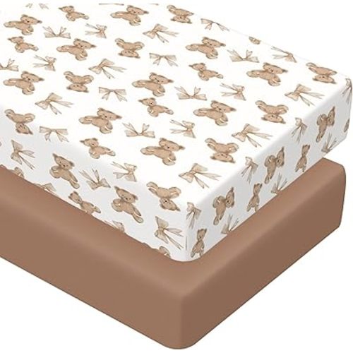 Peryiter 2 Pack Crib Sheets for Girls Boys Coquette Bed Sheet Set Fitted 52'' x 28" for Standard Crib Mattress Stretchable Soft Toddler Aesthetic Nursery Decor (Brown,Bear)