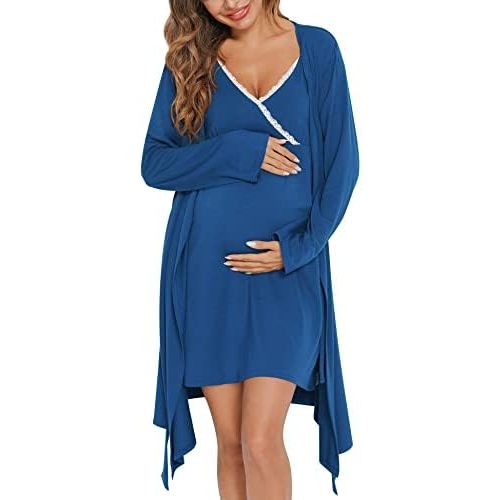 SWOMOG Womens Maternity Robe 2 Piece Nursing Nightgown for Breastfeeding 3 in 1 Labor Delivery Nursing Dress Lace Bathrobe