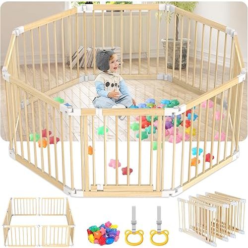Foldable Wooden Playpen with Door: 8 Panel Adjustable Shape Playpen for Babies and Toddlers - 57"x57"x25" Large Kids Safety Activity Centre Play Yard with Pull Rings & Ocean Balls for Indoor Outdoor