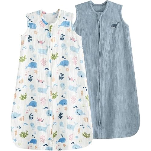 PHF 100% Muslin Cotton Baby Sleep Sack, 0-6 Months Baby Wearable Blanket with 2-Way Zipper, 2 Pack Soft Breathable Cooling 0.5 TOG Small Size Sleeveless Sleeping Bag for Boys/Girls, Mermaid