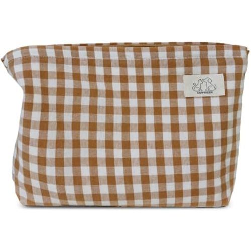 Khaki Gingham Cotton Makeup Bag Cosmetic Travel Pouch with Bottom, Make Up Purse Organizer, Zipper Closure, Canvas Lined…