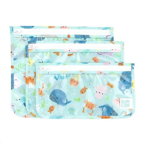 Bumkins Travel Bag, Toiletry, TSA Approved Pouch, Zip Bag, Quart Size Airline Compliant, Clear-Sided, Baby, Diaper Bag Organization, Makeup, Accessories, Packing, Set of 3 Sizes, Ocean Life Blue