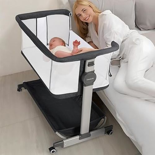 Cowiewie Baby Bassinet Rocking Beside Bassinet Sleeper 10 Major Functions to Meet All The Needs of Newborn Bedside Bassinet with Wheels(Black)