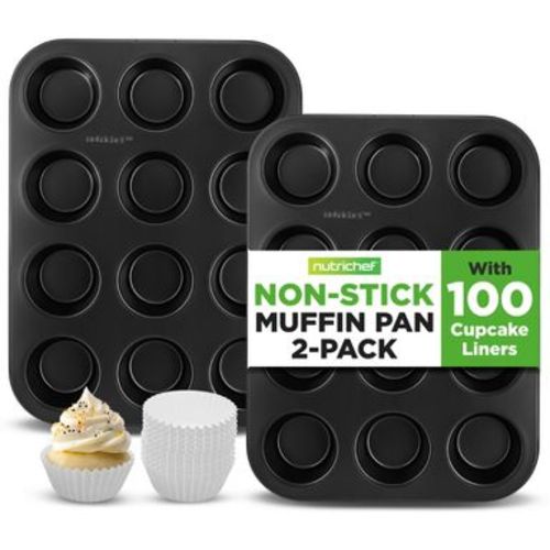 NutriChef Non-Stick 2-Piece 12 Cup Muffin Pans with 100 Parchment Liners - Carbon Steel