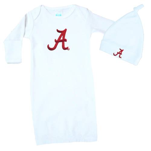 Alabama Crimson Tide Baby Layette Gown and Knotted Cap Set, White Pink or Blue