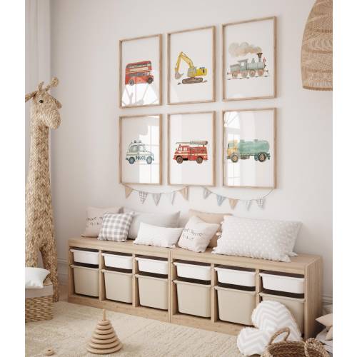 Vehicles Prints | Fire Truck, Police Car, Bus & More | Unframed Kids Room Wall Art, Build Your Own Set