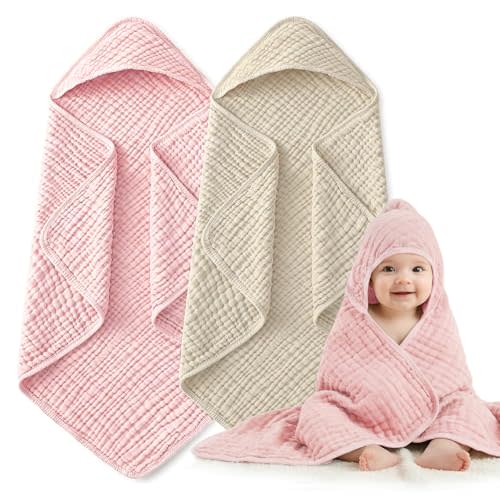 Hooded Baby Bath Towels for Newborn, 2 Pack - 6-Layer 100% Muslin Cotton, Soft Absorbent Baby Towels with Hood for Babies, Infants & Toddlers, Large 32x32 Inch Unisex Newborn Baby Bath Essentials