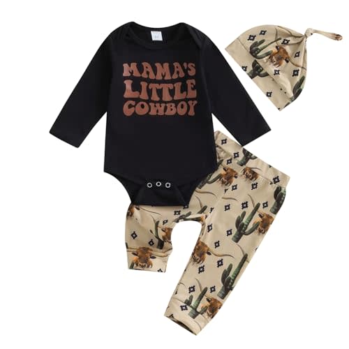 Gaono Newborn Baby Boy Western Coming Home Outfit Cowboy Long Sleeve Romper And Pants Hat 3 Piece Fall Clothes