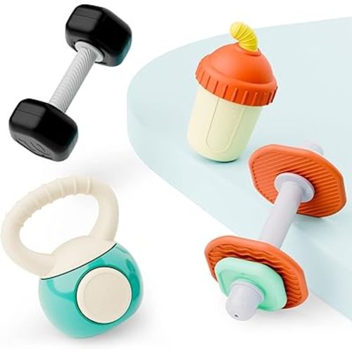 iPlay, iLearn Baby First Gym Rattle Set, Infant Dumbbell Weights Teething Rattles 3-6-12 Month, Newborn Workout Sensory Stroller Toy, Babies Birthday Shower Gift 5 7 8 9 10 Month Toddler Boy Girl-4PCS