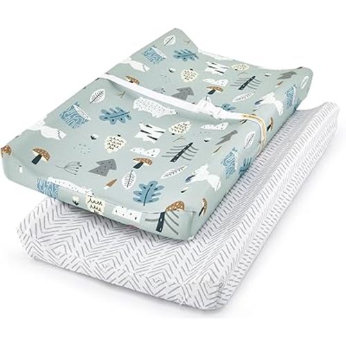 TILLYOU Changing Pad Cover Set in Soft Jersey Material - Fits 32"/34''x16 Contoured Pad for Babies, Jungle Walk and White Stripes