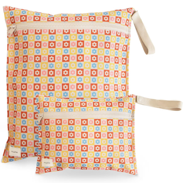 mushie Water Resistant Wet Bags | Large & Small Reusable Storage Bag for Baby Items and Travel | Zippered Pockets with Handle | Machine Washable, Set of 2 (Happy Flowers Check)