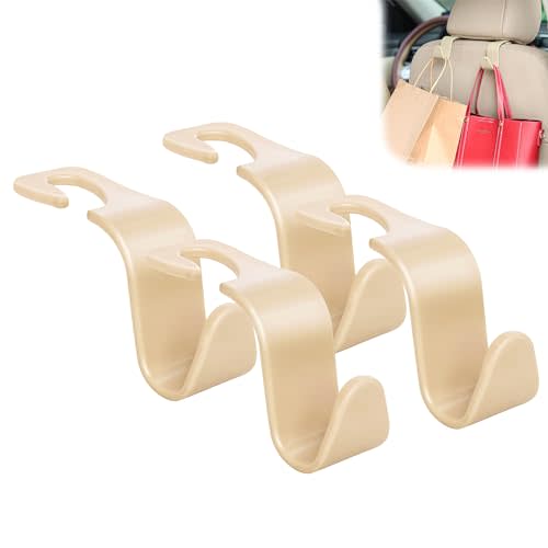 Amooca Universal Multifunctional Car Vehicle Headrest Hook, Organizer Hanger Storage Hook for Bag Purse Cloth Grocery (Beige Set of 4)