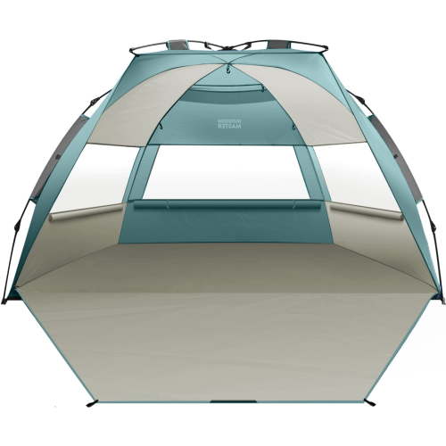 OutdoorMaster Pop Up Beach Tent for 4 Person - Easy Setup and Portable Beach Shade Sun Shelter Canopy with UPF 50+ UV Protection Removable Skylight Family Size - Light Blue+Gray