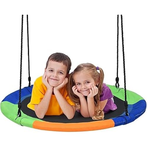 LDAILY Moccha Flying Saucer Tree Swing, Giant 40” Round Swing with Metal Frame, Adjustable Hanging Rope, Waterproof 600D Oxford Cloth, Indoor Outdoor Swing for Backyard, Playground (Rainbow)