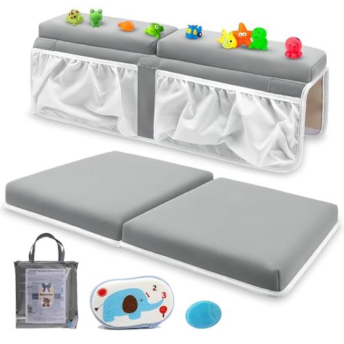 Bath Kneeler and Elbow Rest Pad Set for Baby Bathtub, Thick Non-Slip Bathing Kneeling Mat Cushion Quick Drying Bathtub Knee Saver with Arm Support and Pockets for Bathroom Bathing time Comfort, Gray