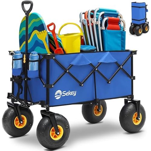 Heavy Duty Beach Wagon with 9" Big Sand-Proof Wheels – 440lb Capacity, Sekey 200L Oversized Foldable Cart | Adjustable Handle & All-Terrain Tires for Sand, Camping, Groceries. Blue&Black