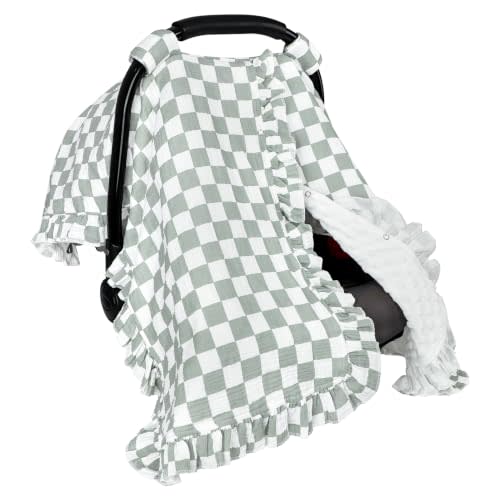 DILIMI Car Seat Covers for Babies, Muslin Cotton Ruffled Baby Car Seat Cover with Peekaboo Opening, Minky Infant Car Seat Canopy for Boys Girls Newborn, Green Plaid