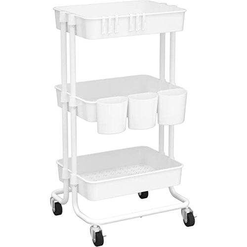 CAXXA 3-Tier Rolling Storage Organizer with 3 Small Baskets - Mobile Utility Cart with Caster Wheels (White)