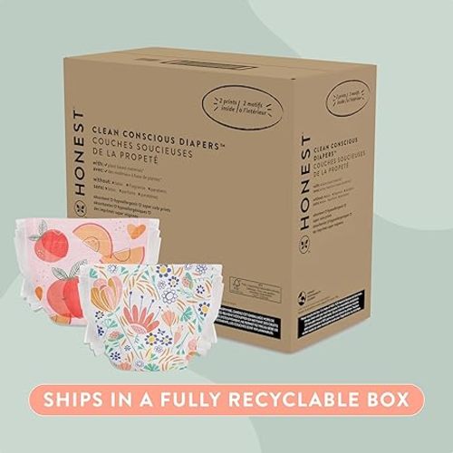 The Honest Company Clean Conscious Diapers | Plant-Based, Sustainable | Just Peachy + Flower Power | Super Club Box, Size 4 (22-37 lbs), 104 Count