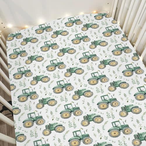 Watercolor Green Tractors Baby Crib Sheets for Boy Girl 52x28Inch Farm Tractors Boho Leaves Soft Stretchy Fitted Crib Mattress Cover Farm Life Baby Sheet for Standard Crib & Toddler Mattress Pad
