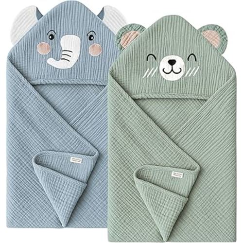 Konssy 2-Pack Muslin Baby Hooded Towels, 100% Cotton, Soft and Absorbent Baby Bath Towels for Newborn, Infant & Toddler with Animal Hooded Design(Elephant & Bear)