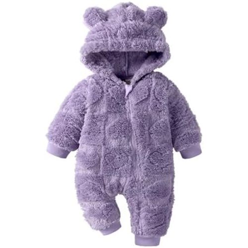 Newborn Faux Fu𝐫 Hood Romper Infant Baby Cute Bear Ear Hoodies Jumpsuit Fuzzy Thick Warm Long Sleeve Snowsuit