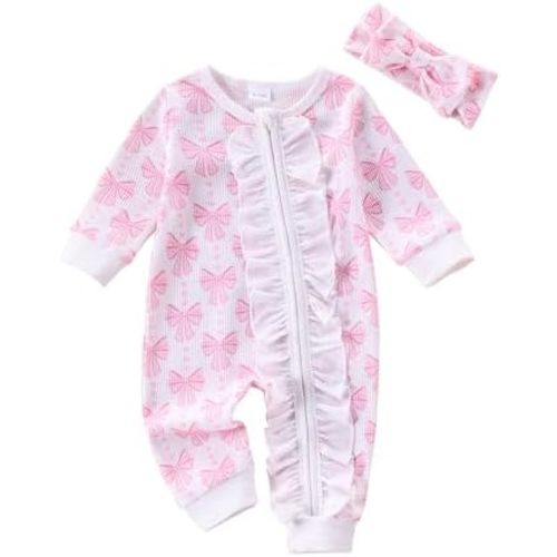FYBITBO Infant Baby Girl Clothing Waffle Knit Romper Ruffle Jumpsuit Zipper Onesie Outfit Newborn Coming Home Clothes