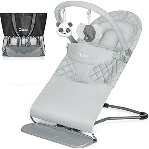 Orzbow Portable Baby Bouncer, Foldable Baby Bouncer Seat with 3 Recline Positions, Infant, 0-12 Months Up to 20lbs, Ergonomic Design, Easy to Assembly, Gray