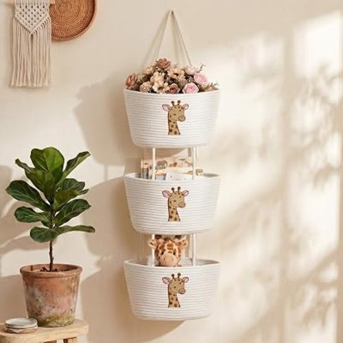 Woodland Animal Basket Deer Nursery Decor 3-tier Deer Cotton Rope Hanging Basket Wall Toys Organizer Storage Bin with Hooks Hanging Accessories Baby Shower Gifts