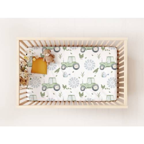 Green Tractor Boy Fitted Crib Sheet, Farm Nursery Bedding With Chickens, Baby Boy Shower Gift For New Mom, Light Green Crib Bedding Set