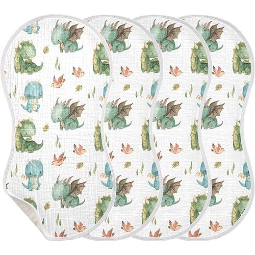 Watercolor Dragon Bird Leaf Pattern Muslin Burp Cloths for Baby 4 Pack 100% Cotton Baby Washcloths Bibs for Boy Girl