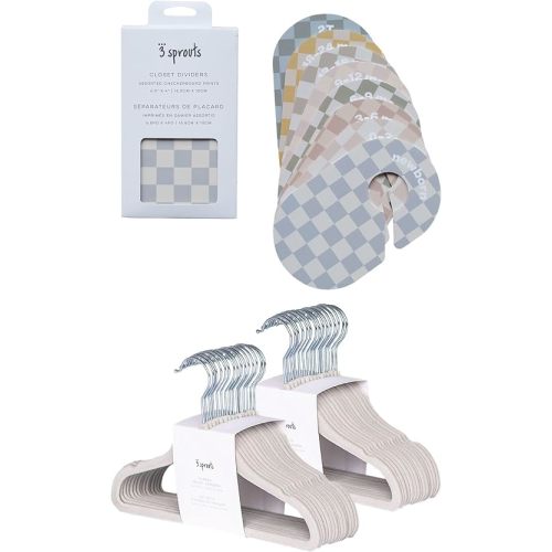 3 Sprouts Closet Dividers & Hangers Bundle - 8 Baby Size Dividers (Checkerboard) and 30 Velvet Hangers for Baby Clothes (Gray)