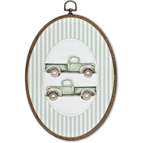 FLAWAFLOMA Vintage Truck Nursery Oval Wall Art Decor, Kids Room Canvas Wall Art Framed, Retro Truck Hanging Decorations for Kids Toddler Boy Girl Nursery Room Bedroom Decor, 8.6x11.4 Inch