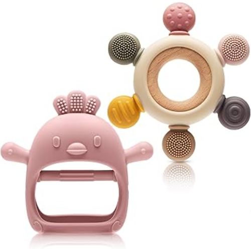 2 Packs Baby Teething Toy for 0-6 6-12 Months, Food Grade Silicone Teething Mitten and Silicone Rudder with Wooden Ring, BPA-Free, Baby Chew Toys for Sucking Needs