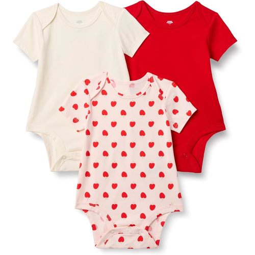 Amazon Essentials x Sofia Grainge Unisex Babies' Short Sleeve Crewneck Bodysuit, Pack of 3, Ivory/Red/Apple Hearts, 6-9 Months