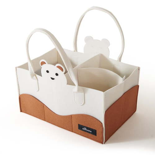 Sunveno Baby Diaper Caddy, Foldable Nursery Storage Bin and Car Organizer Basket, Bear