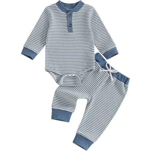 allshope Newborn Baby Boy Fall Outfit Romper Long Sleeve Solid Jumpsuit Bodysuit Elastic Waist Pants Infant Waffle Clothes