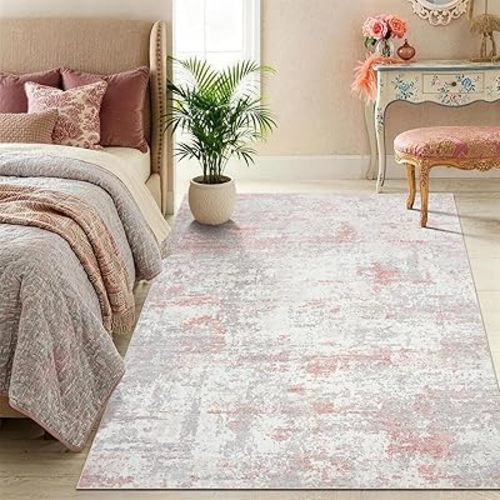 4x6 Washable Modern Abstract Area Rug, Soft Faux Cashmere Low Pile Non-Slip Non-Shedding Carpet for Living Room Bedroom Kids Room Entryway Office, Grey Pink
