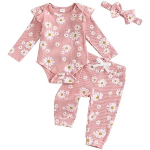 Newbron Baby Girl Fall Clothes Daisy Ribbed Knitted Long Sleeve Romper Long Pants 3 Pcs Infant Girl Winter Outfit