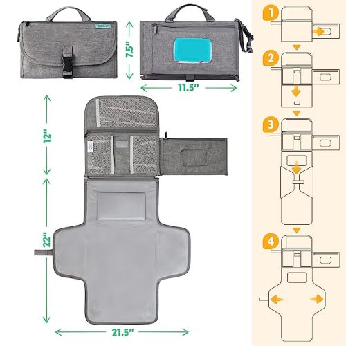 Kopi Baby Portable Diaper Changing Pad - Baby Changing Pad & Diaper Changer Travel Bag, Smart Design Baby Changing Mat, Portable Changing Pad for Baby - Baby Changing Station, Infant Gift - Grey - Premium