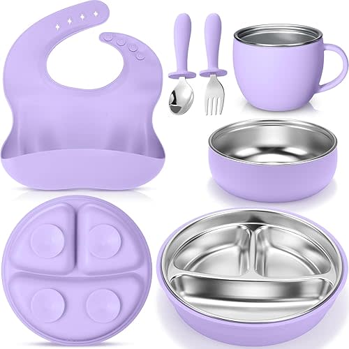 Nuogo 6 Pcs 304 Stainless Steel Kids Plates and Bowls Set Stainless Steel Suction Bowls and Toddler Cup with Removable Silicone, Forks Spoons Pocket Bib for Baby Toddle (Purple,Round)
